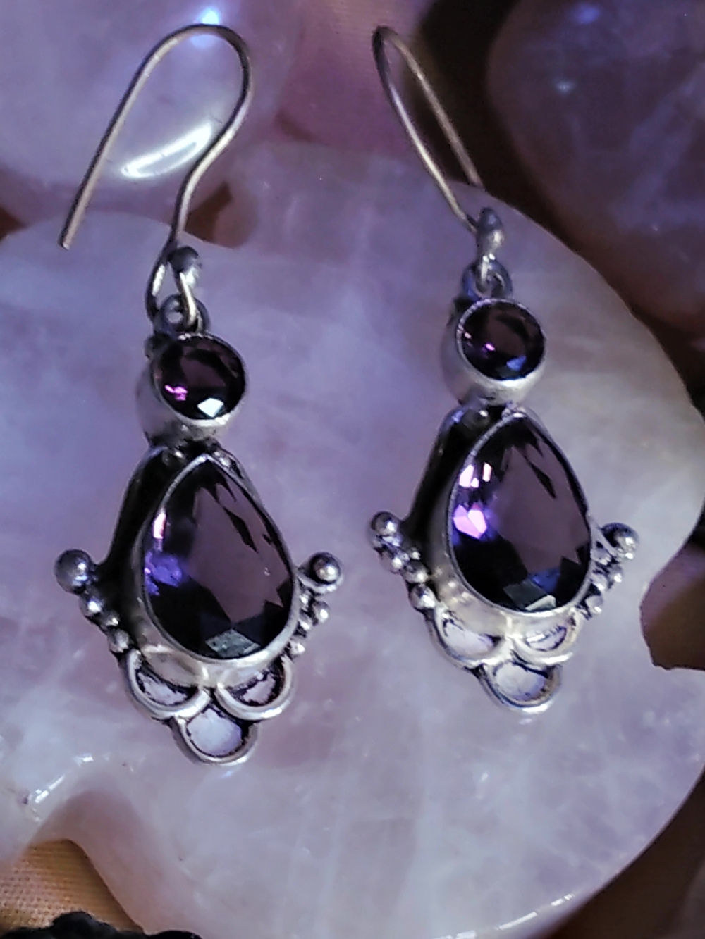 AMETHYST TEARDROP DANGLE EARRINGS - STERLING HYPOALLERGENIC WIRES. 1-3/4 L